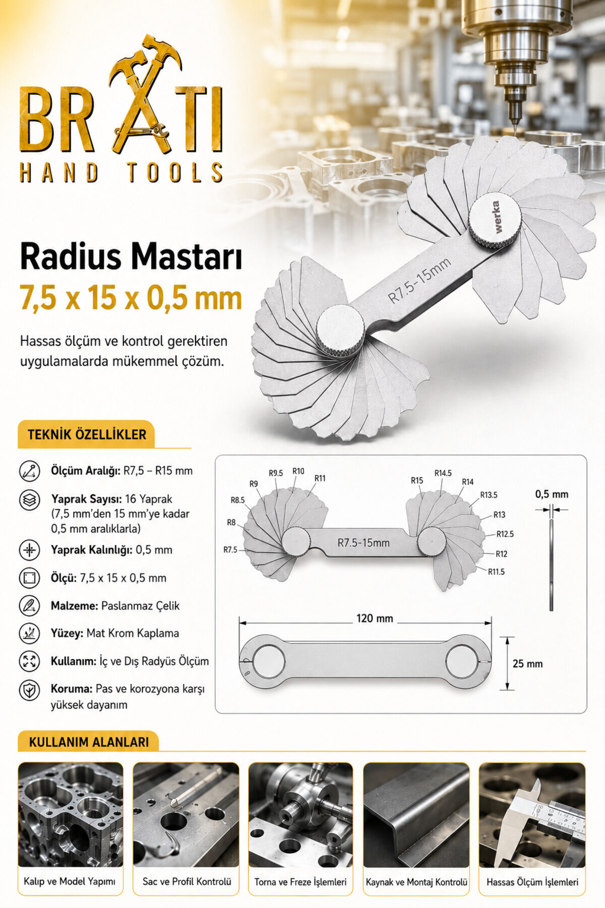 Radius Mastarı 7,5 x 15 x 0,5 mm Radyüs Mastarı