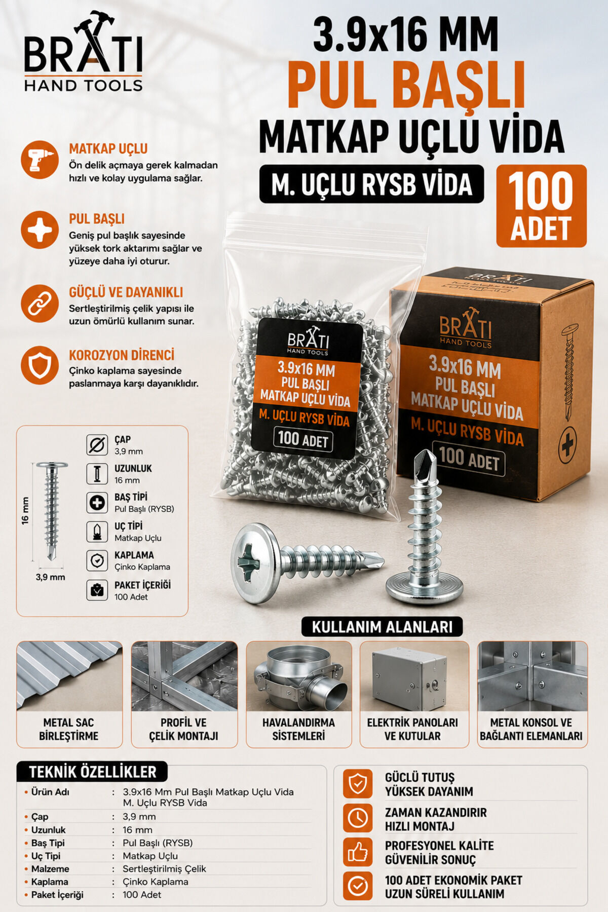 3,9x16 RYSB Pul Başlı Matkap Uçlu Vida 100'lü