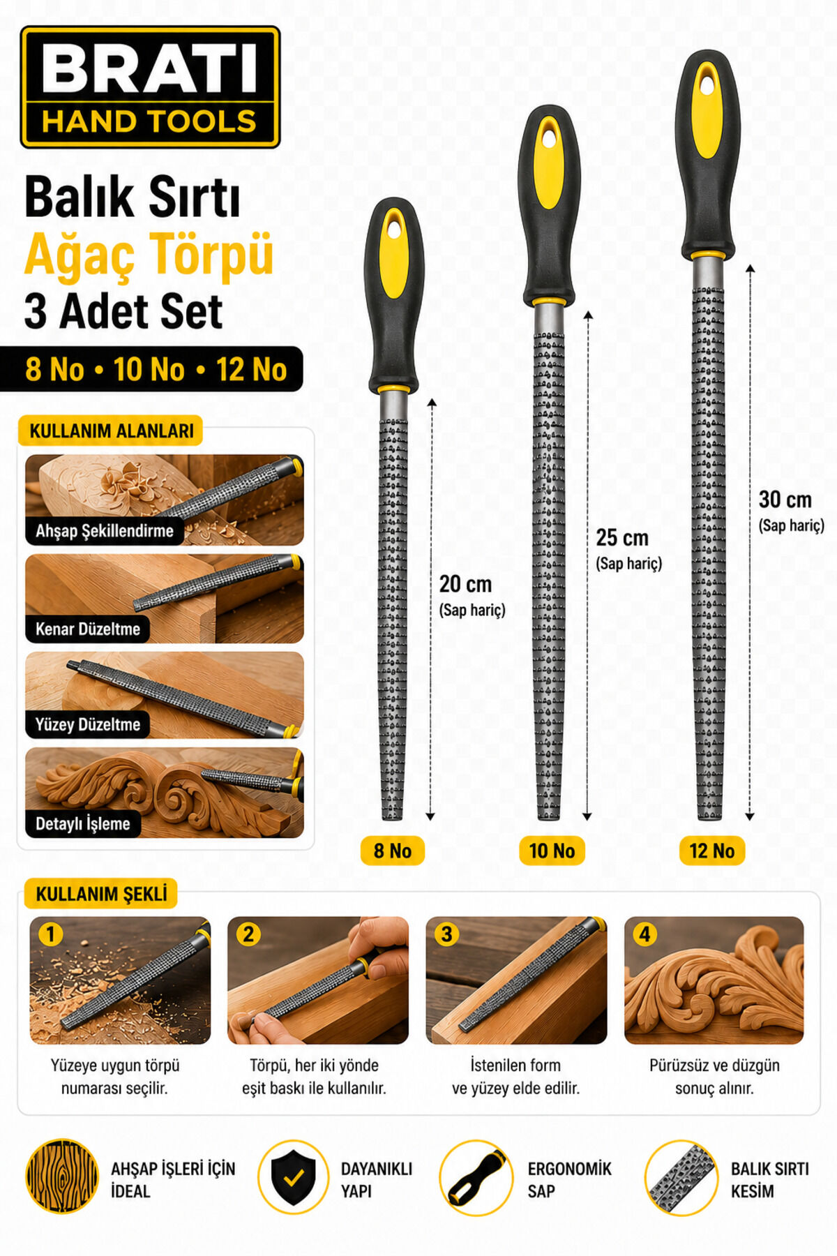 Plastik Saplı Ağaç Törpü Balık Sırtı Rende Ahşap Eğe 3 Parça 8-10-12 No 3'lü Set