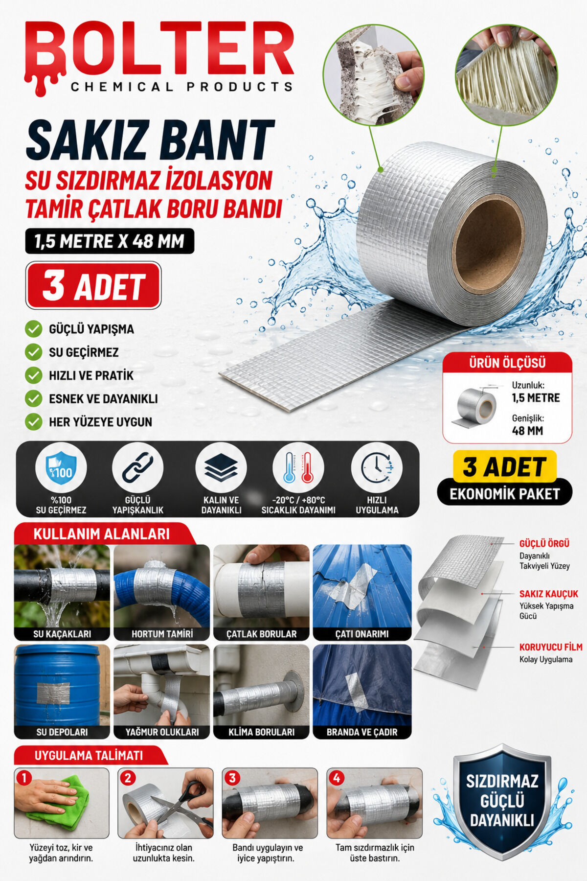 Sakız Bant Su Sızdırmaz İzolasyon Tamir Çatlak Boru Bandı 1,5 Metre X 48 Mm 3 ADET