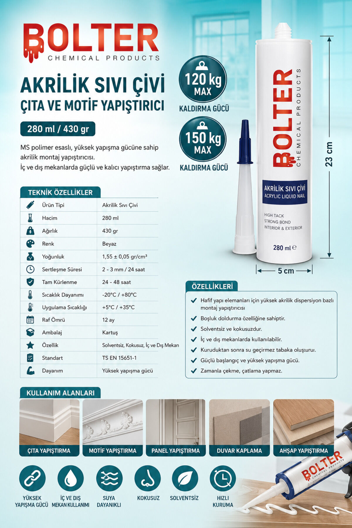 Akrilik Sıvı Çivi Çıta ve Motif Yapıştırıcı 280 Ml / 430 Gr Boşluk Doldurma ve Yapıştırıcı Boyanabilir