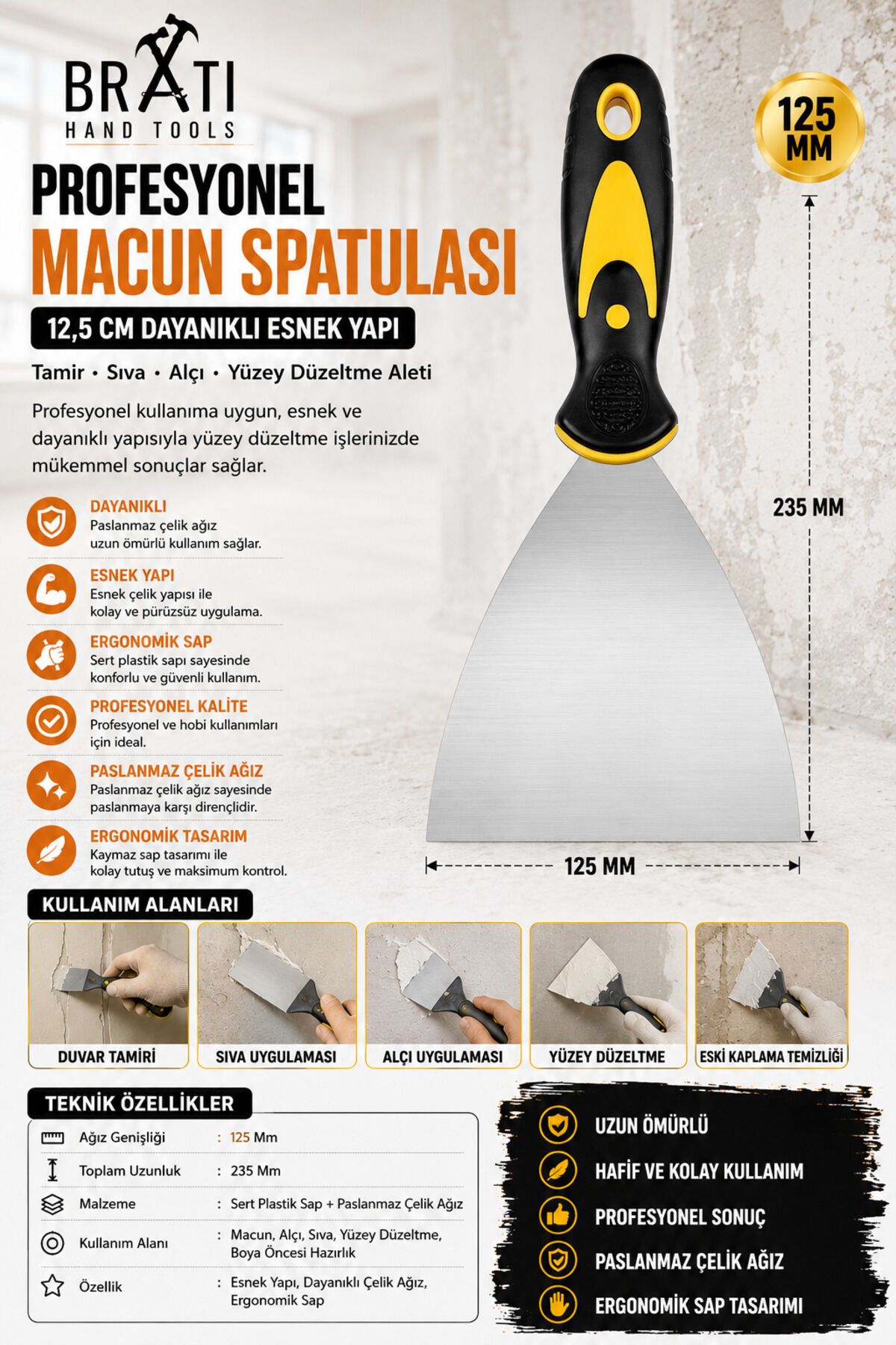 Profesyonel Macun Spatulası 12,5 Cm Dayanıklı Esnek Yapı Tamir Sıva Alçı Yüzey Düzeltme Aleti 125 Mm