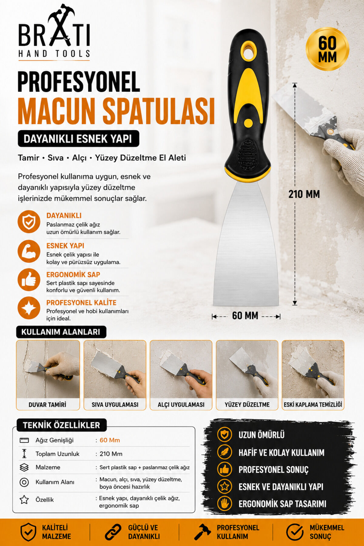 Profesyonel Macun Spatulası 60 Mm Dayanıklı Esnek Yapı Tamir Sıva Alçı Yüzey Düzeltme El Aleti 6 Cm