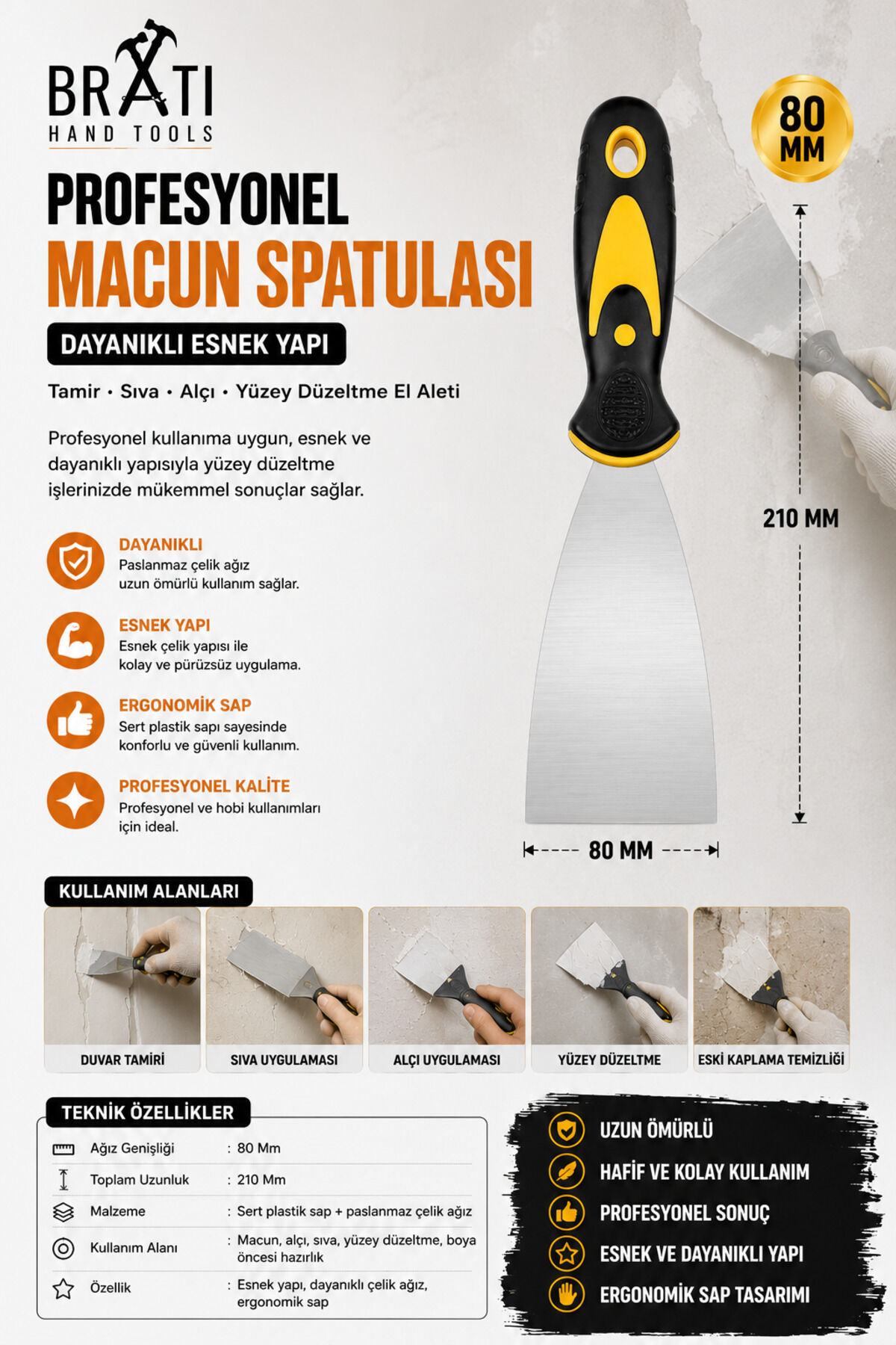 Profesyonel Macun Spatulası 80 Mm Dayanıklı Esnek Yapı Tamir Sıva Alçı Yüzey Düzeltme El Aleti 8 Cm