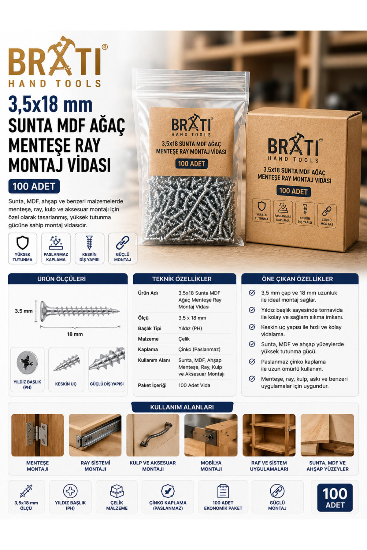 3,5x18 Sunta Mdf Ağaç Menteşe Ray Montaj Vidası (100 Adet)