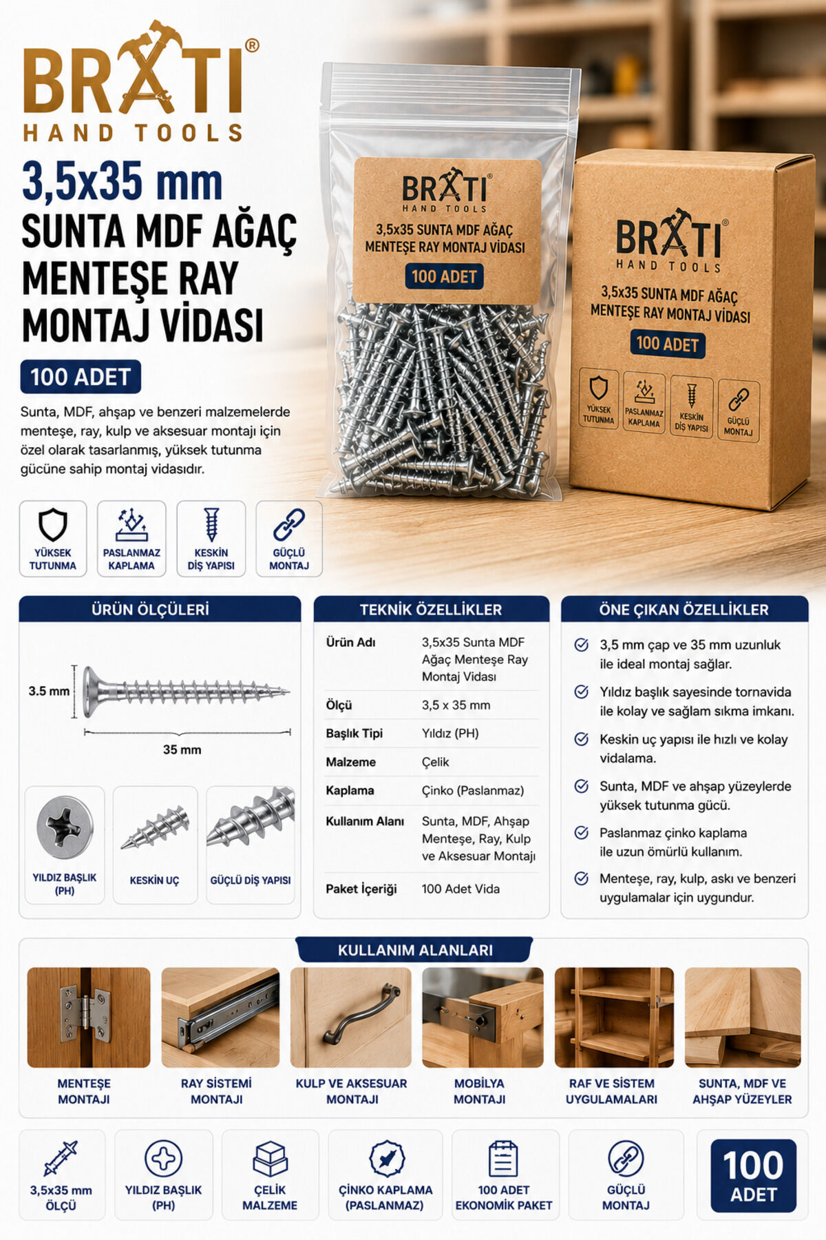 3,5x35 Sunta Mdf Ağaç Menteşe Ray Montaj Vidası (100 Adet)