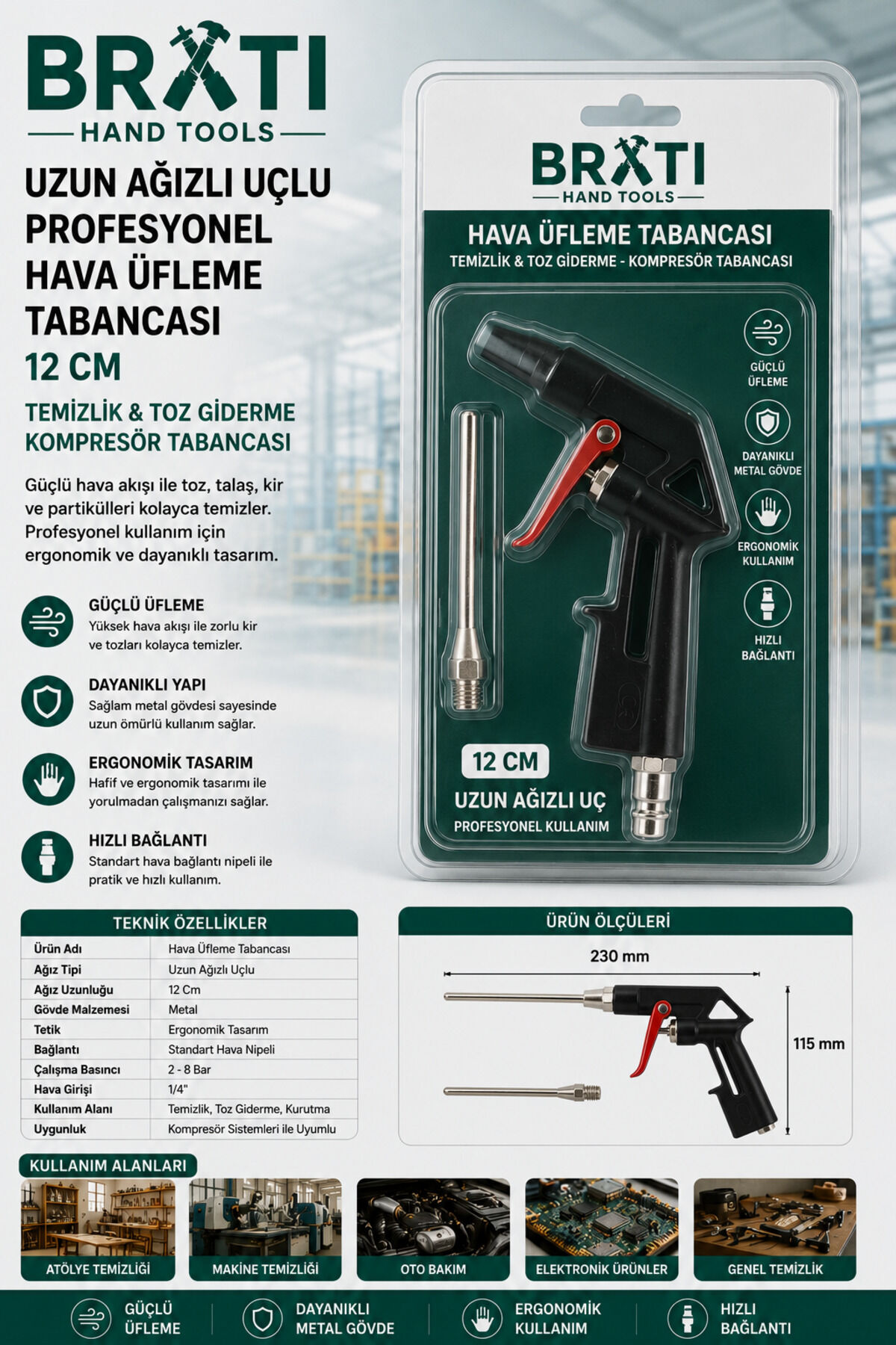 Uzun Ağızlı Uçlu Profesyonel Hava Üfleme Tabancası Temizlik Toz Giderme Kompresör Tabancası 12 Cm