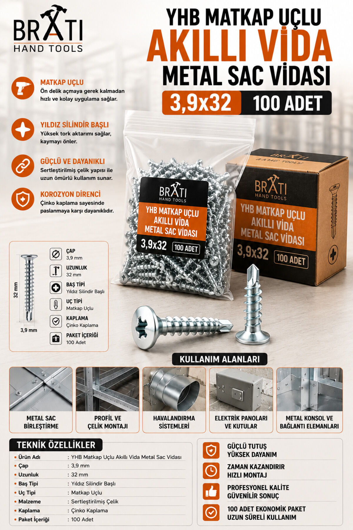 Yhb Matkap Uçlu Akıllı Vida Metal Sac Vidası 3,9X32 ( 100 Adet )