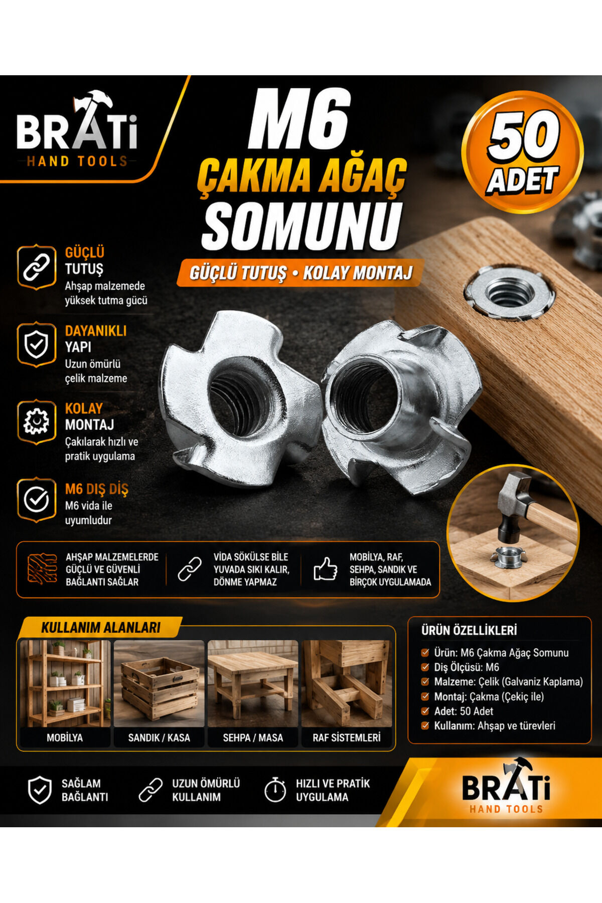 M6 Çakma Ağaç Somunu (50 Adet)