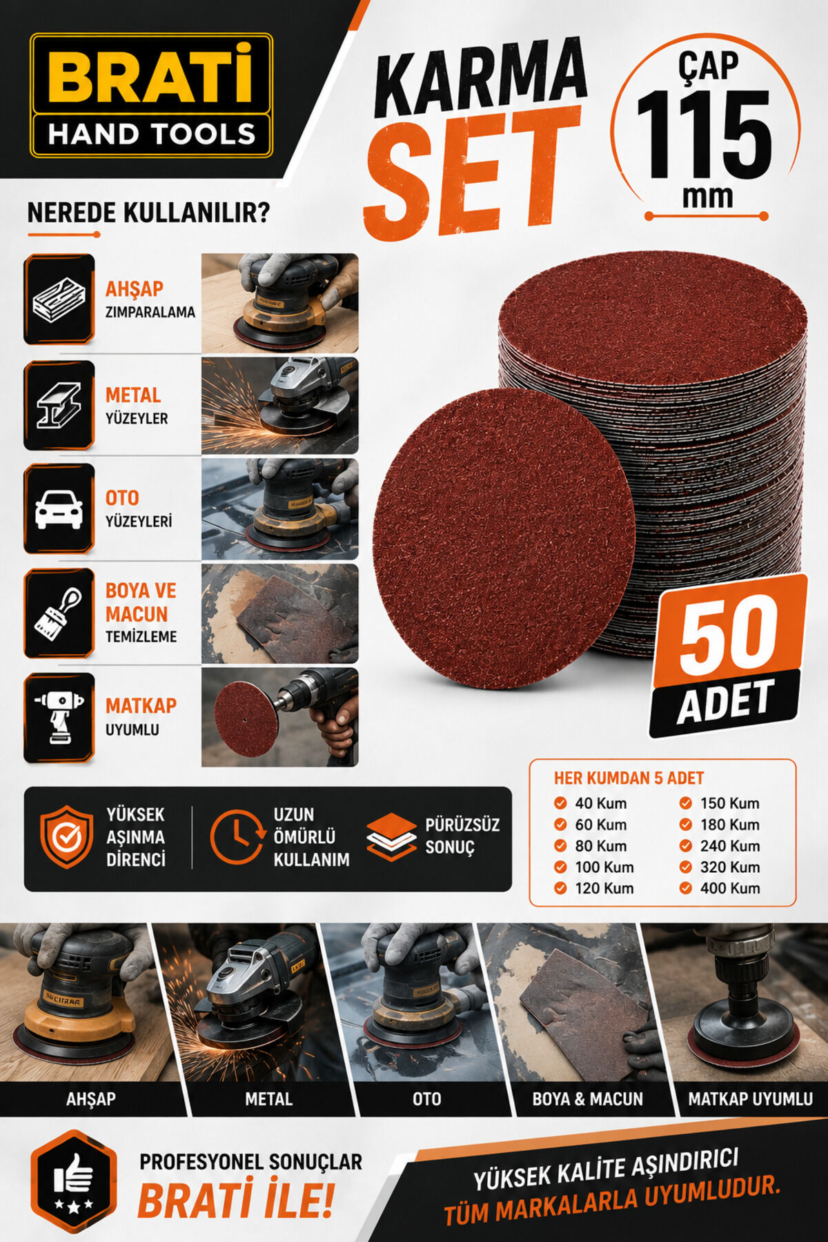 Cırt Zımpara Kağıdı 115 Mm (Karma Paket) 40-60-80-100-120-150-180-240-320-400 Kum