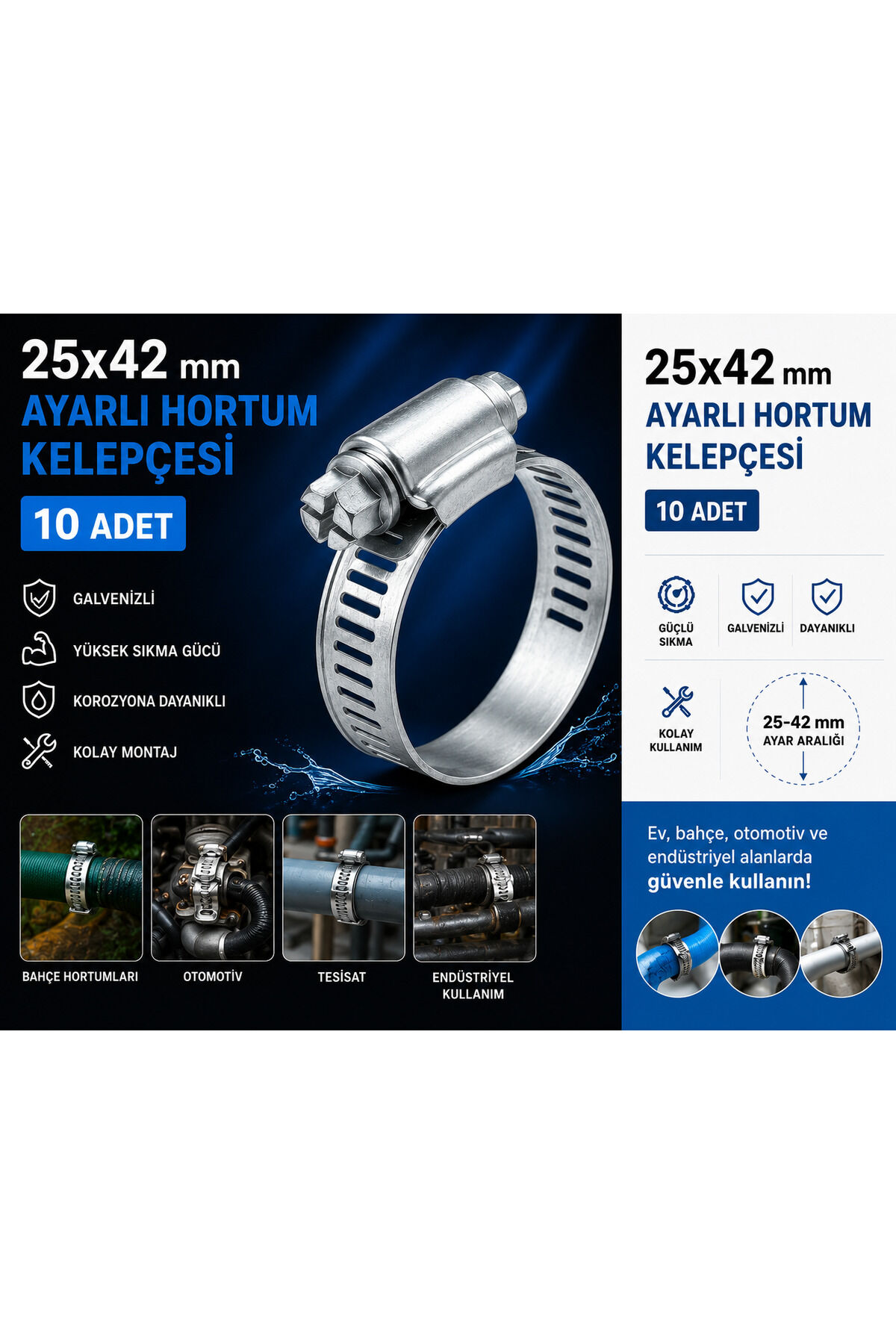 Hortum Kelepçesi Tork Ayarlı 25x42 mm Galveniz Kaplama Boru Metal Kelepçe Ayarlanabilir Klips 10 ADET