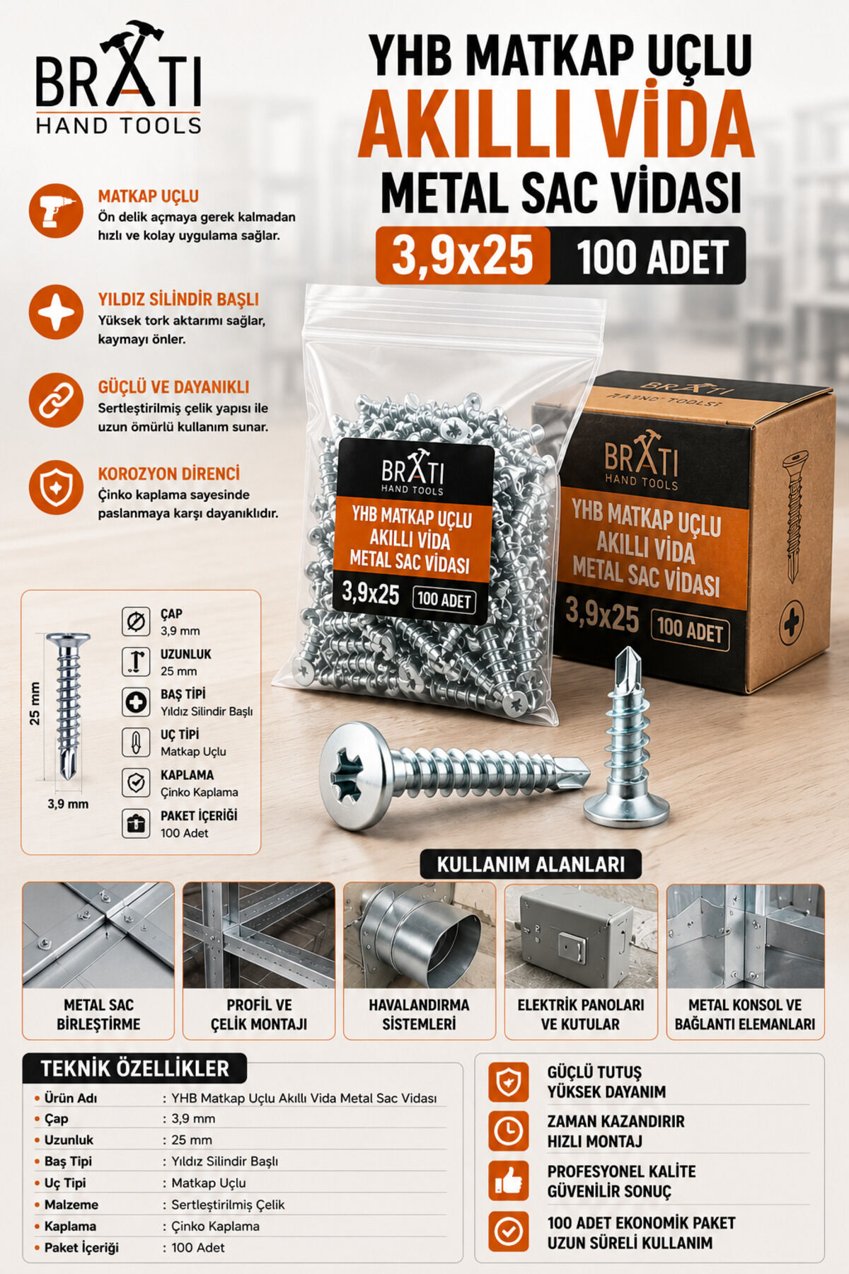 3.9x25 Yhb Matkap Uçlu Akıllı Vida Metal Sac Vidası 3,9X25 ( 100 Adet ) Akıllı Vida