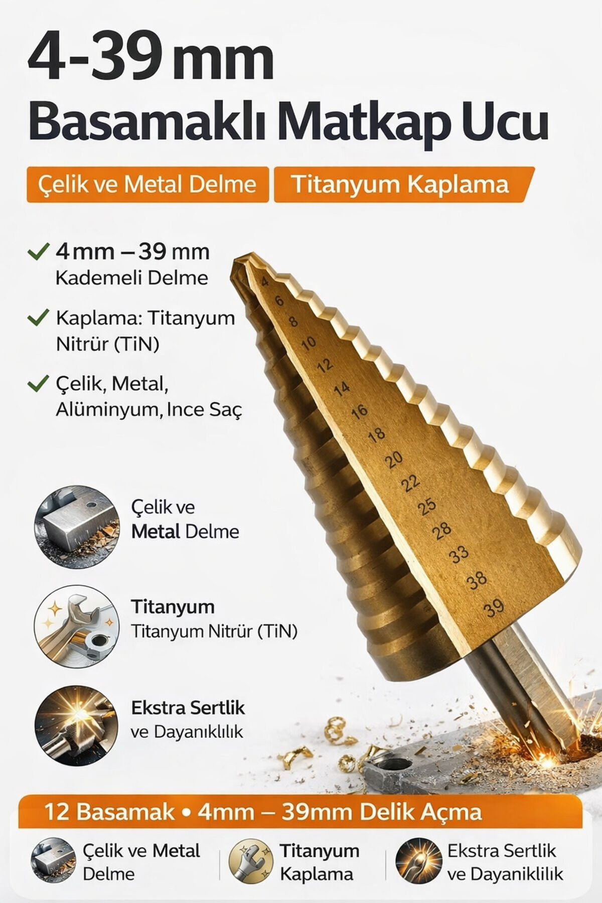 4–39 mm Kademeli Matkap Ucu Titanyum Kaplama Çelik & Metal Delme Kademeli Delik Açma