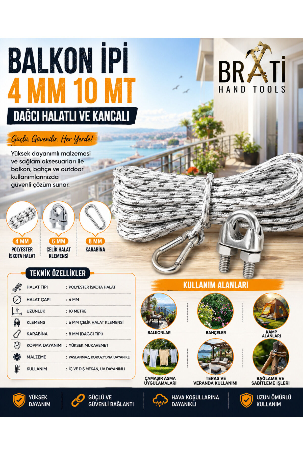 Balkon Ipi 4 MM 10 Mt Dağcı Halatlı Ve Kancalı