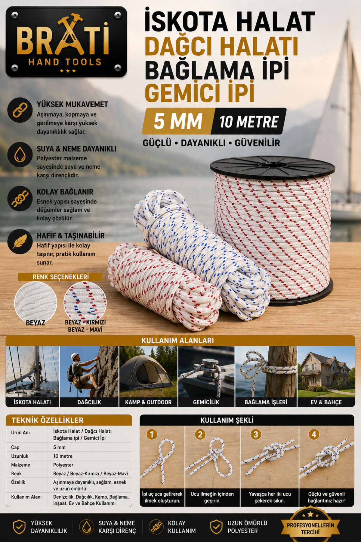5 MM İskota Halat Dağcı Halatı Gemici ipi Bağlama ipi 10 metre