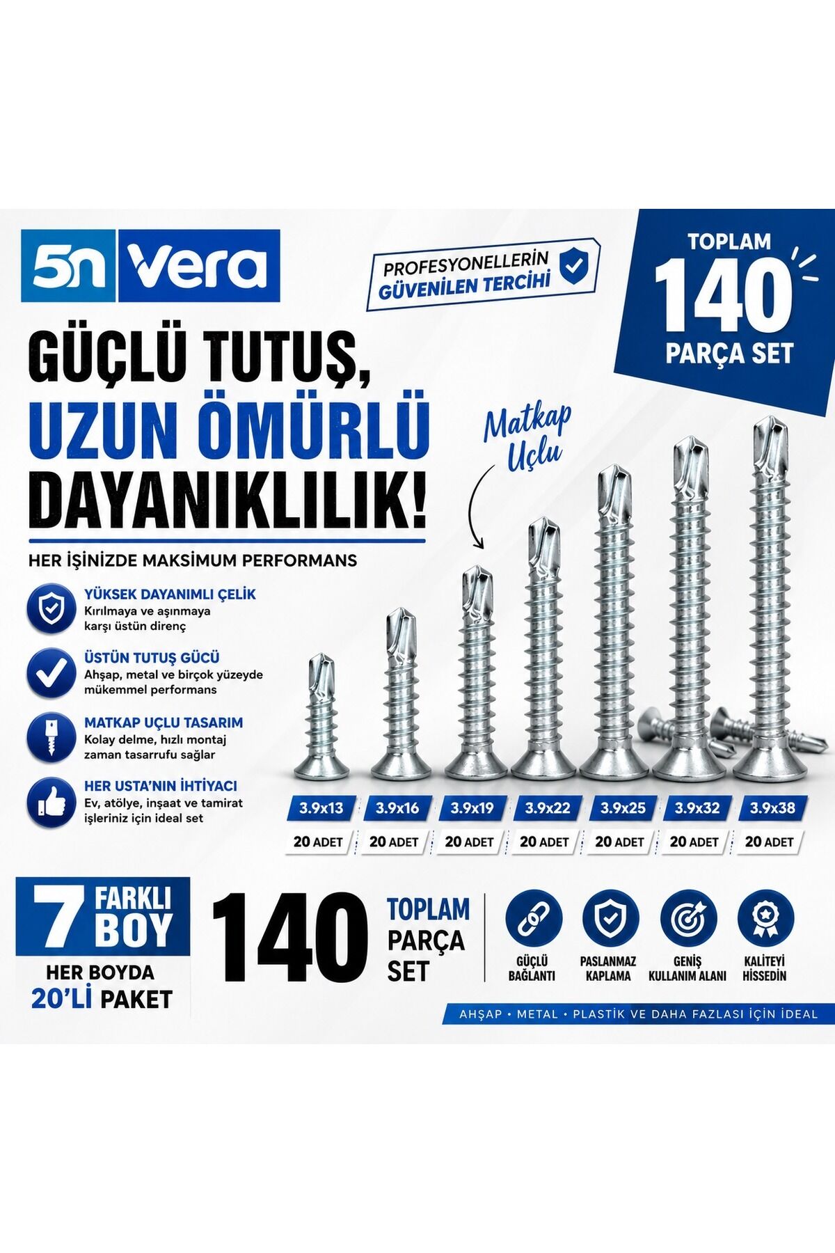 3.9 Akıllı Vida Matkap Uçlu Vida Seti | 3.9x13 3.9x16 3.9x19 3.9x22 3.9x25 3.9x32 3.9x38 | Kendinden Delici Sac ve Metal Montaj Vidası