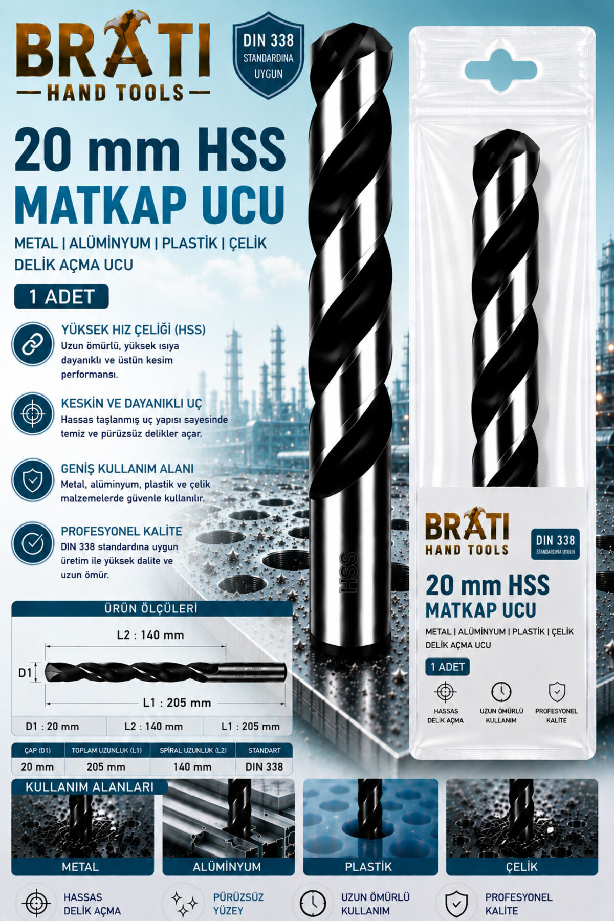 20 Mm Hss Matkap Ucu Metal Alüminyum Ahşap Plastik Çelik Delme Uç Delik Açma Uçları 1 Adet