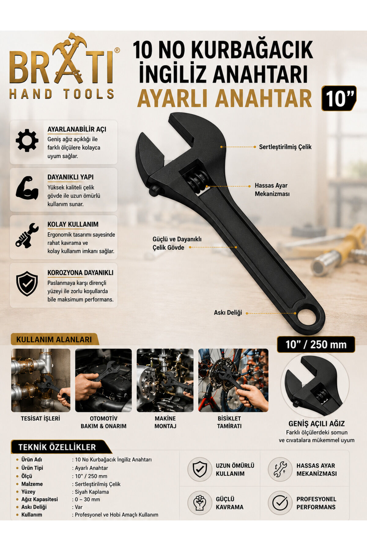 10'' Kurbağacık İngiliz Anahtarı Ayarlı Anahtar 10 No