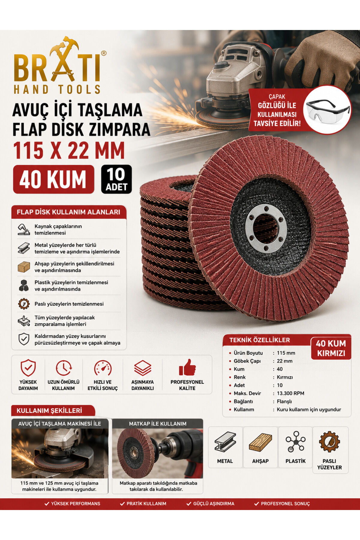 Avuç İçi Taşlama Flap Disk Zımpara 115 X 22 Mm 40 Kum (10 ADET)