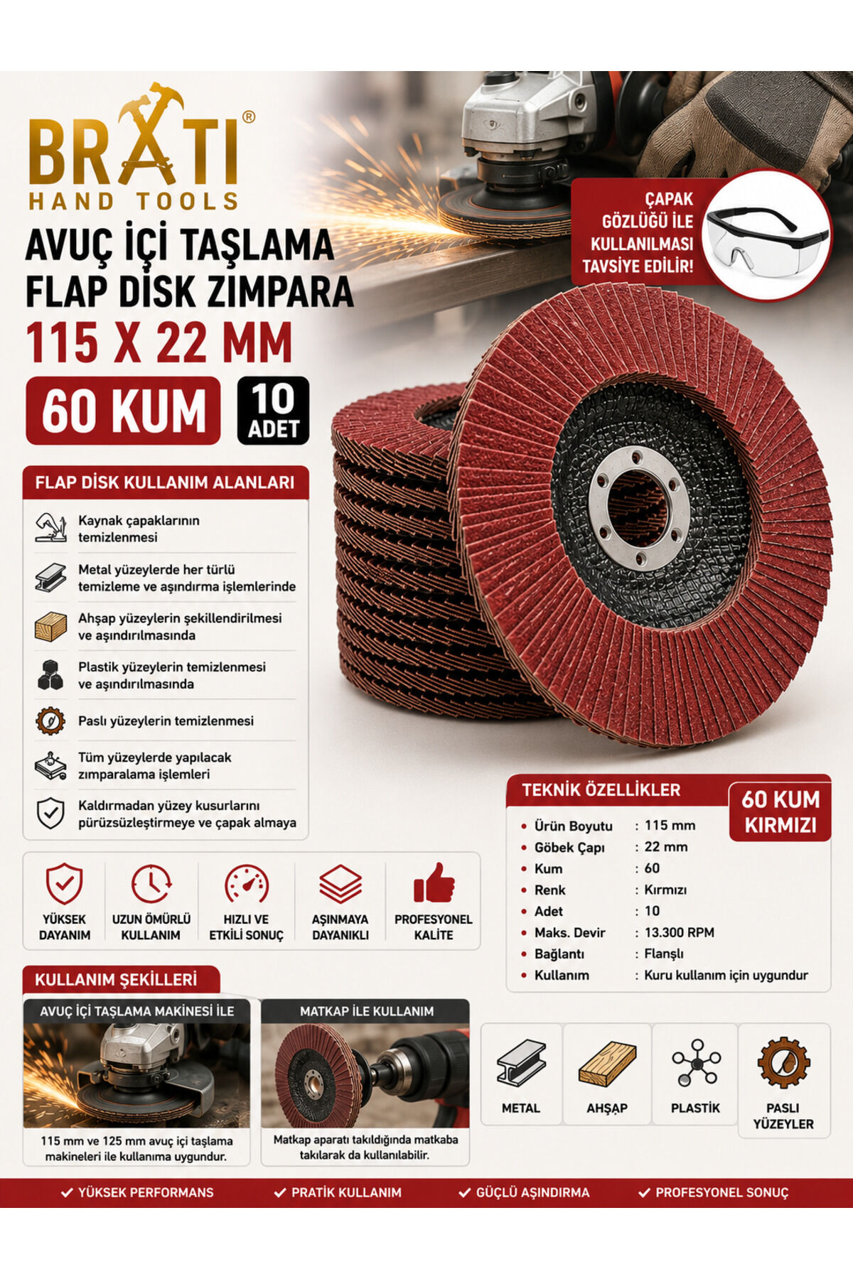 Avuç İçi Taşlama Flap Disk Zımpara 115 X 22 Mm 60 Kum (10 ADET)