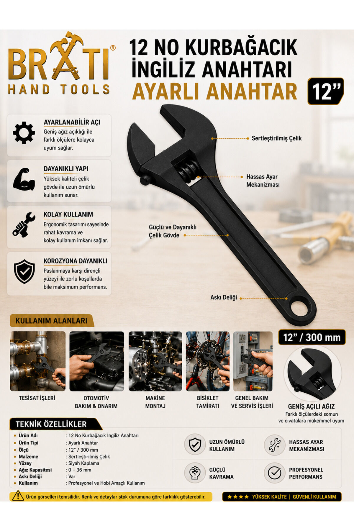 12'' Kurbağacık İngiliz Anahtarı Ayarlı Anahtar 12 İNÇ