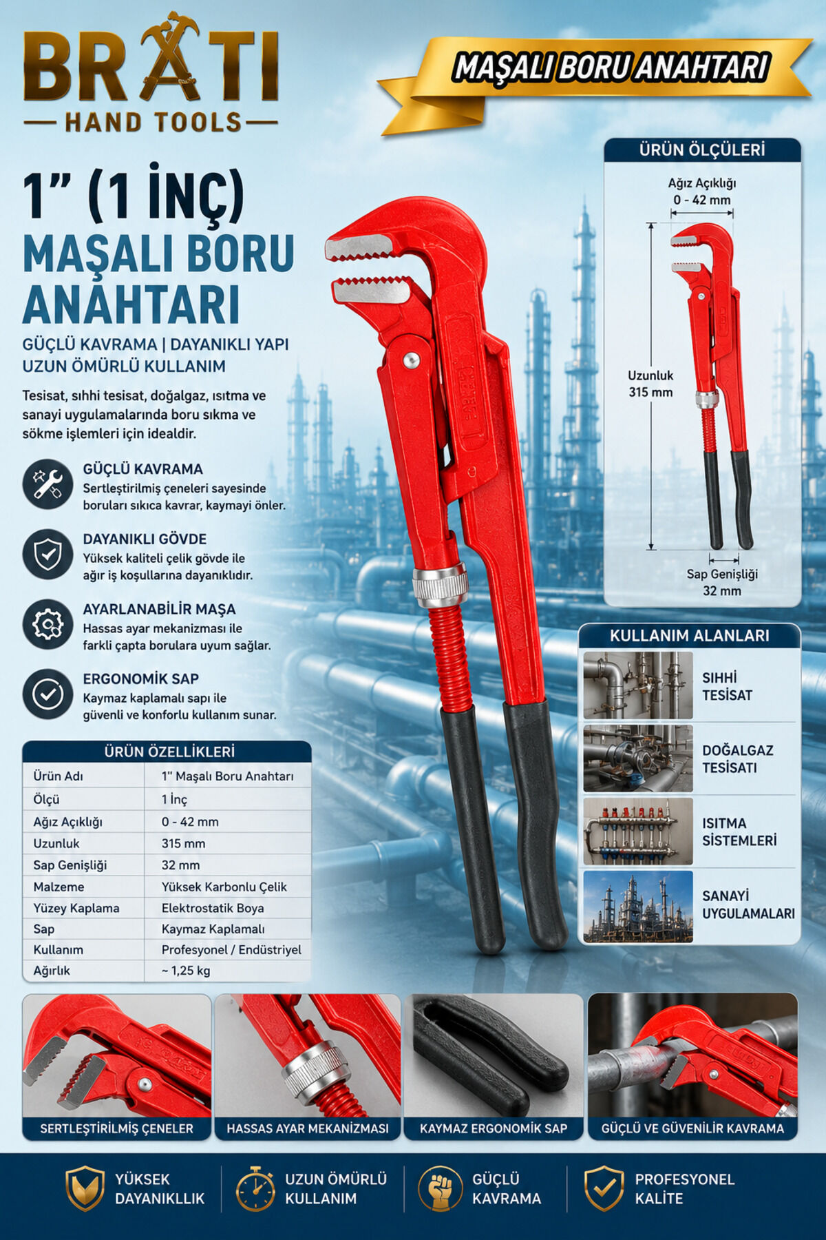 1'' Maşalı Boru Anahtarı 1 İnç Maşalı Boru Anahtarı