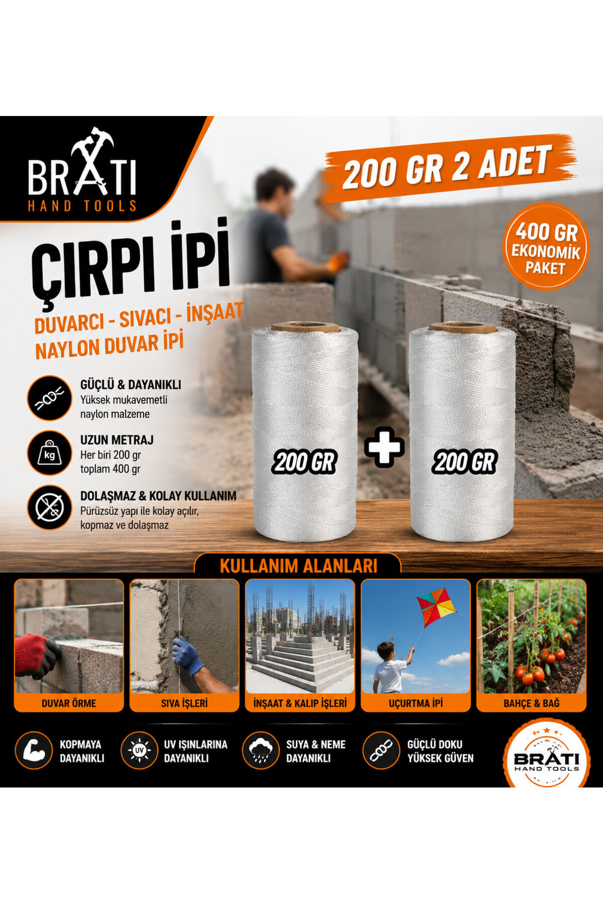 Çırpı İpi Duvarcı Sıvacı İnşaat Naylon Duvar İpi Uçurtma İpi 200 Gr 2 Adet