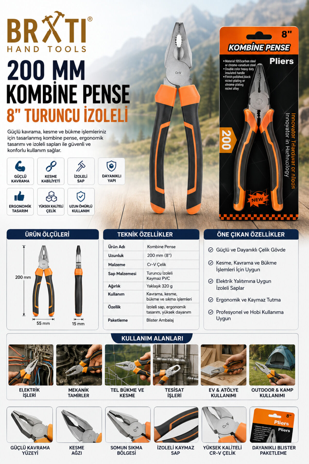 200 Mm Kombine Pense 8'' Turuncu İzoleli