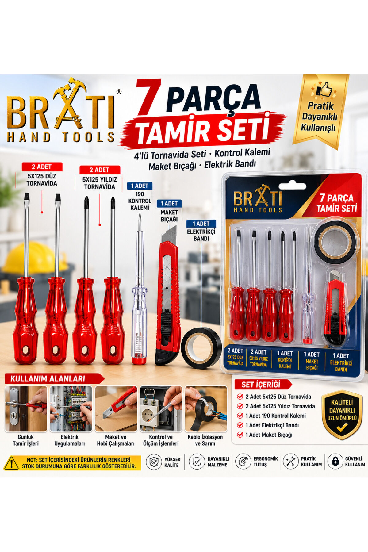 7 Parça Tamir Seti / 4'lü Tornavida Seti Kontrol Kalemi Maket Bıçağı Elektrik Bandı