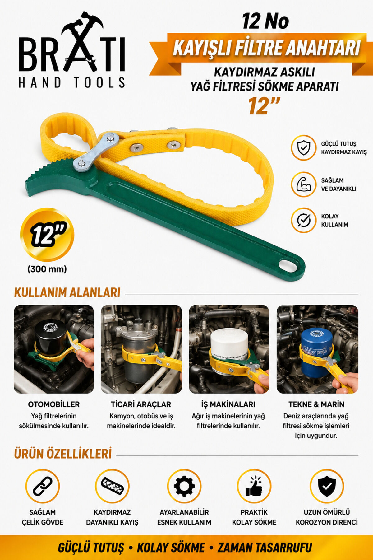 12 No Kayışlı Filtre Anahtarı Kaydırmaz Askılı Yağ Filtresi Sökme Aparatı 12''