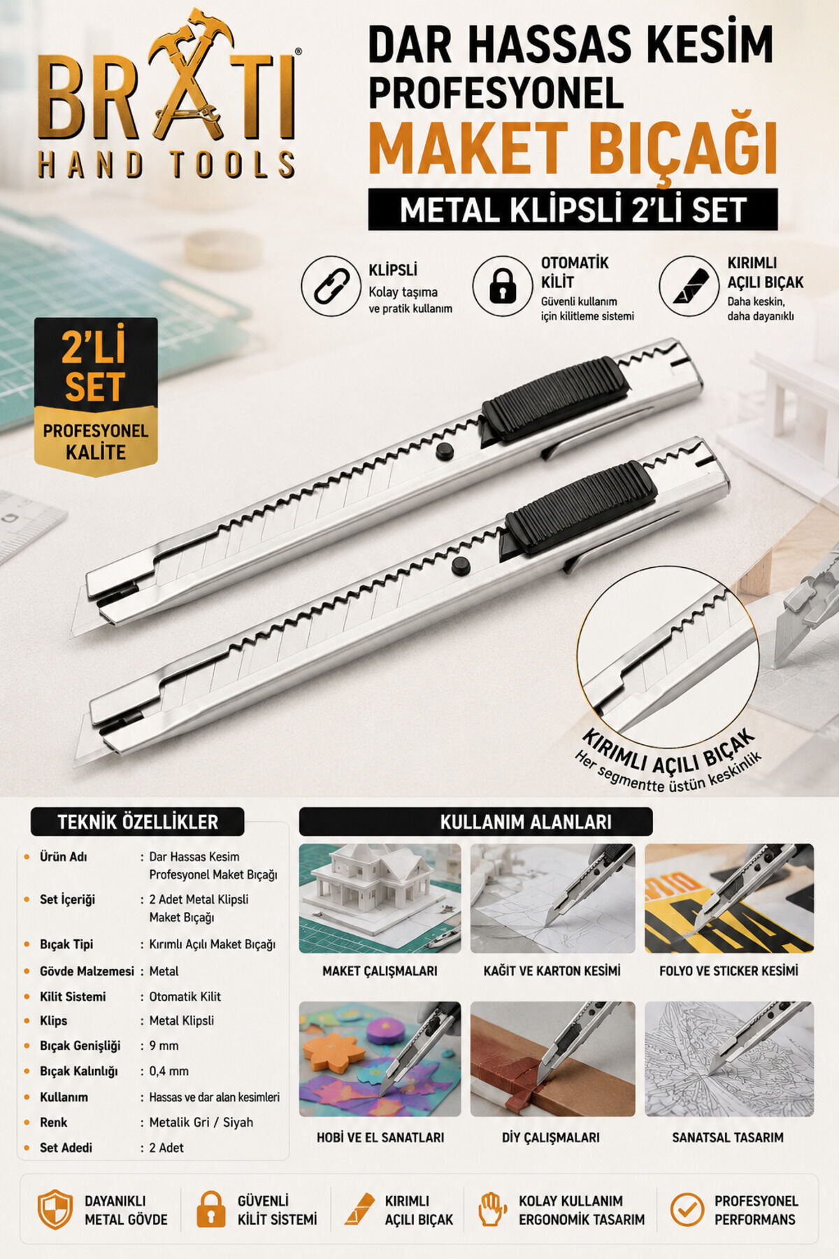 Dar Hassas Kesim Profesyonel Maket Bıçağı Metal Klipsli 2'li Set