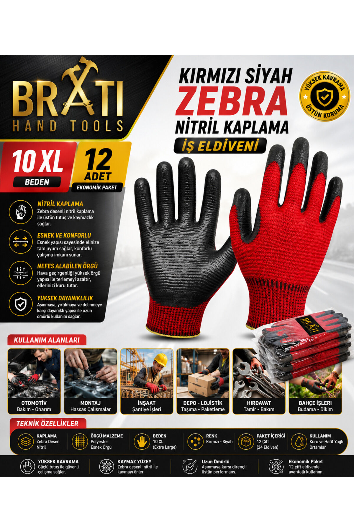 Kırmızı Siyah Zebra Nitril Kaplama İş Eldiveni 10 XL Esnek Konforlu Çalışma Eldiveni 12 Adet