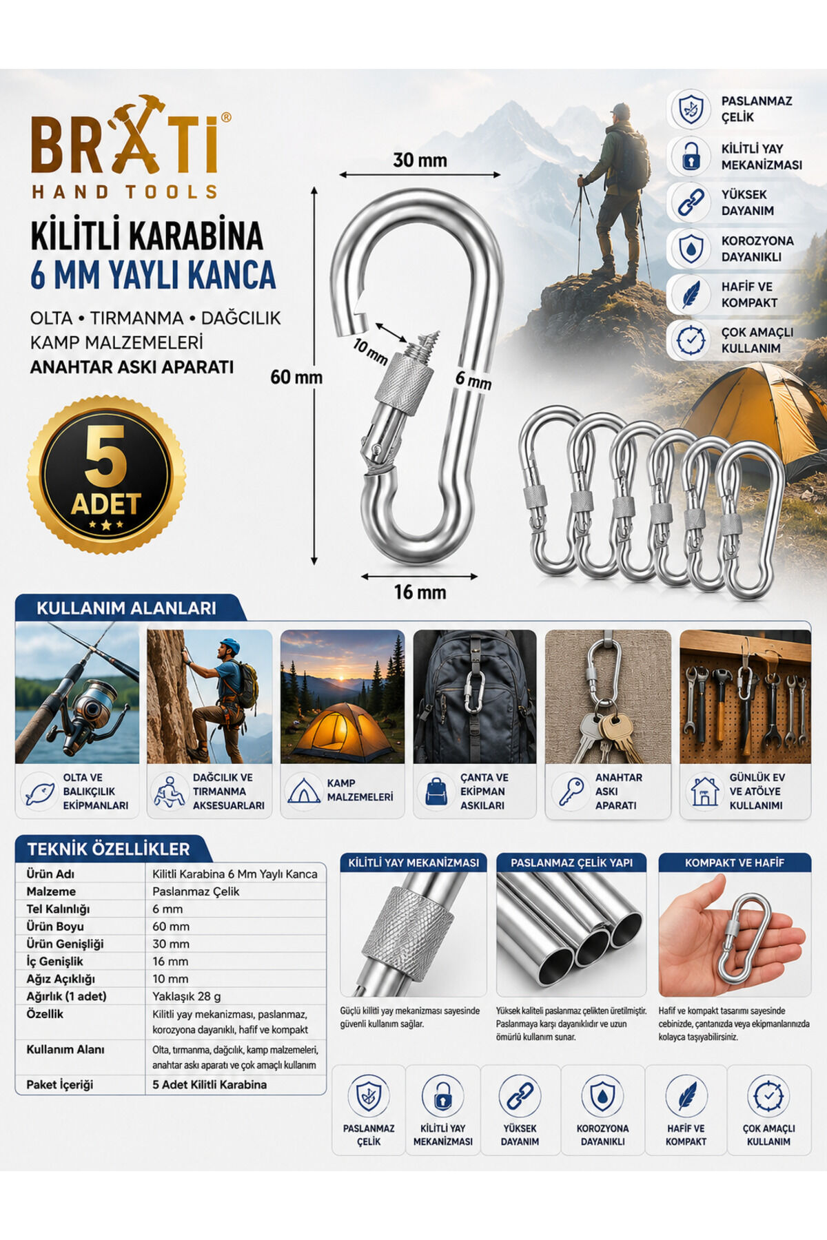 Kilitli Karabina 6 Mm Yaylı Kanca Olta Tırmanma Dağcılık Kamp Malzemeleri Anahtar Askı Aparatı 5 Ad
