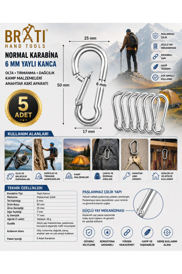 Normal Karabina 6 Mm Yaylı Kanca Olta Tırmanma Dağcılık Kamp Malzemeleri Anahtar Askı Aparatı 5 Ad
