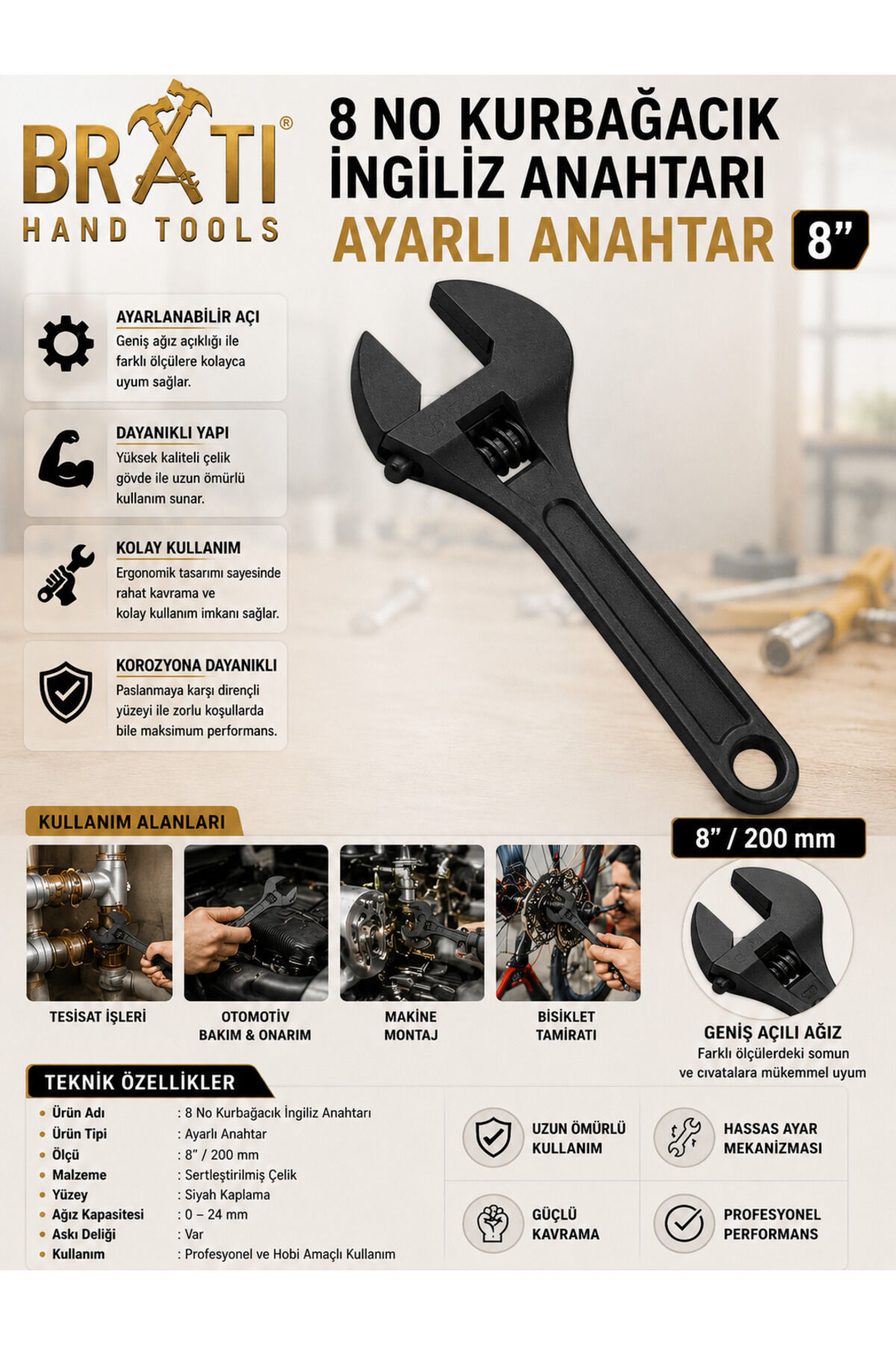 8 No Kurbağacık İngiliz Anahtarı Ayarlı Anahtar 8''