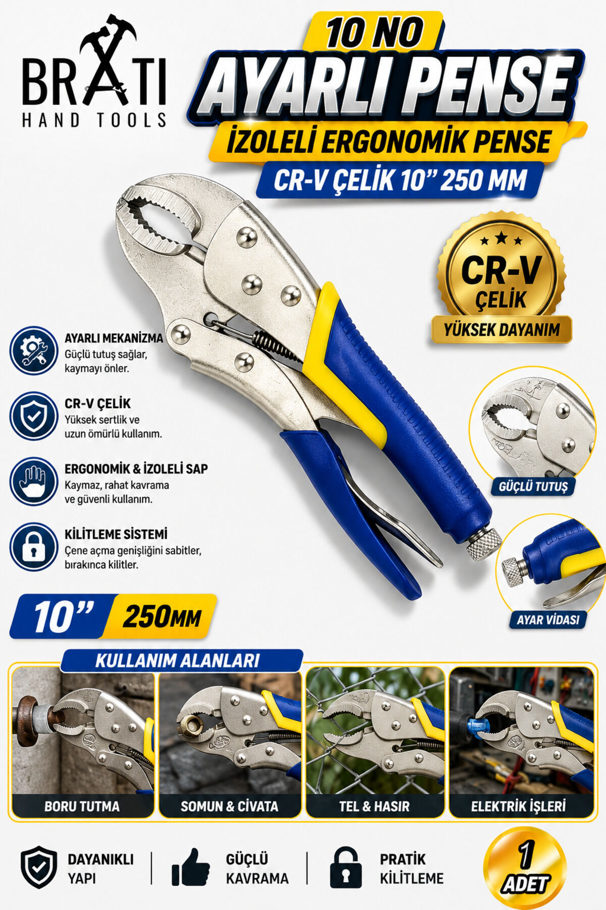 10 No Ayarlı Pense Izoleli Ergonomik Pense Cr-v Çelik 10'' 250 Mm