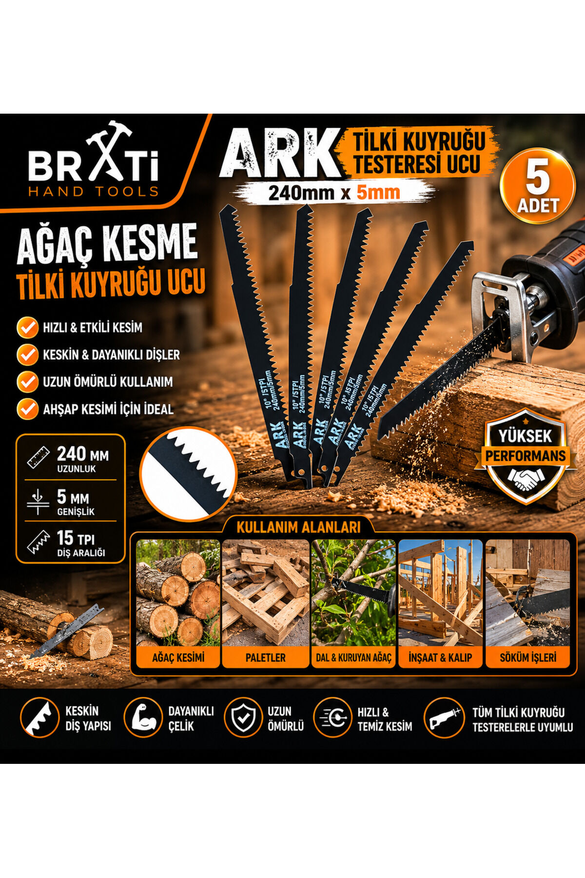 ARK Ağaç Kesme Tilki Kuyruğu Ucu Tilki Kuyruğu Testeresi Ucu 240mm x 5mm 5 Adet