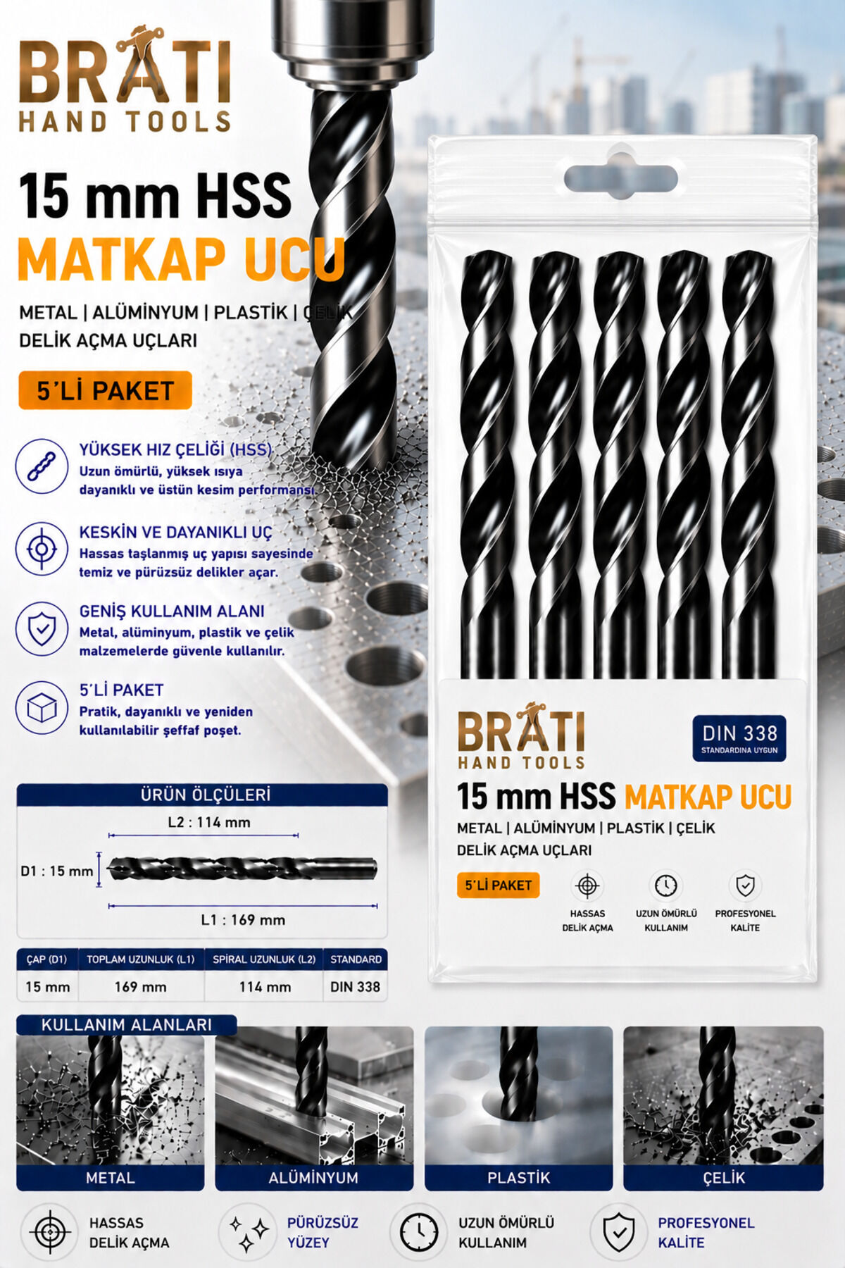 15 Mm Matkap Ucu 5 Adet Metal Alüminyum Ahşap Plastık Çelik Delme Uç Delik Açma Uçları