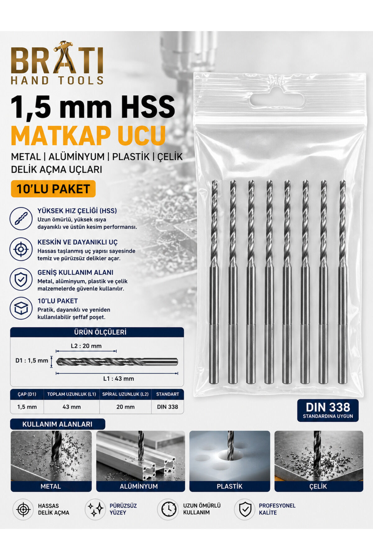 1,5 Mm Hss Matkap Ucu 10' Adet Metal Alüminyum Ahşap Plastik Delik Açma Ucu