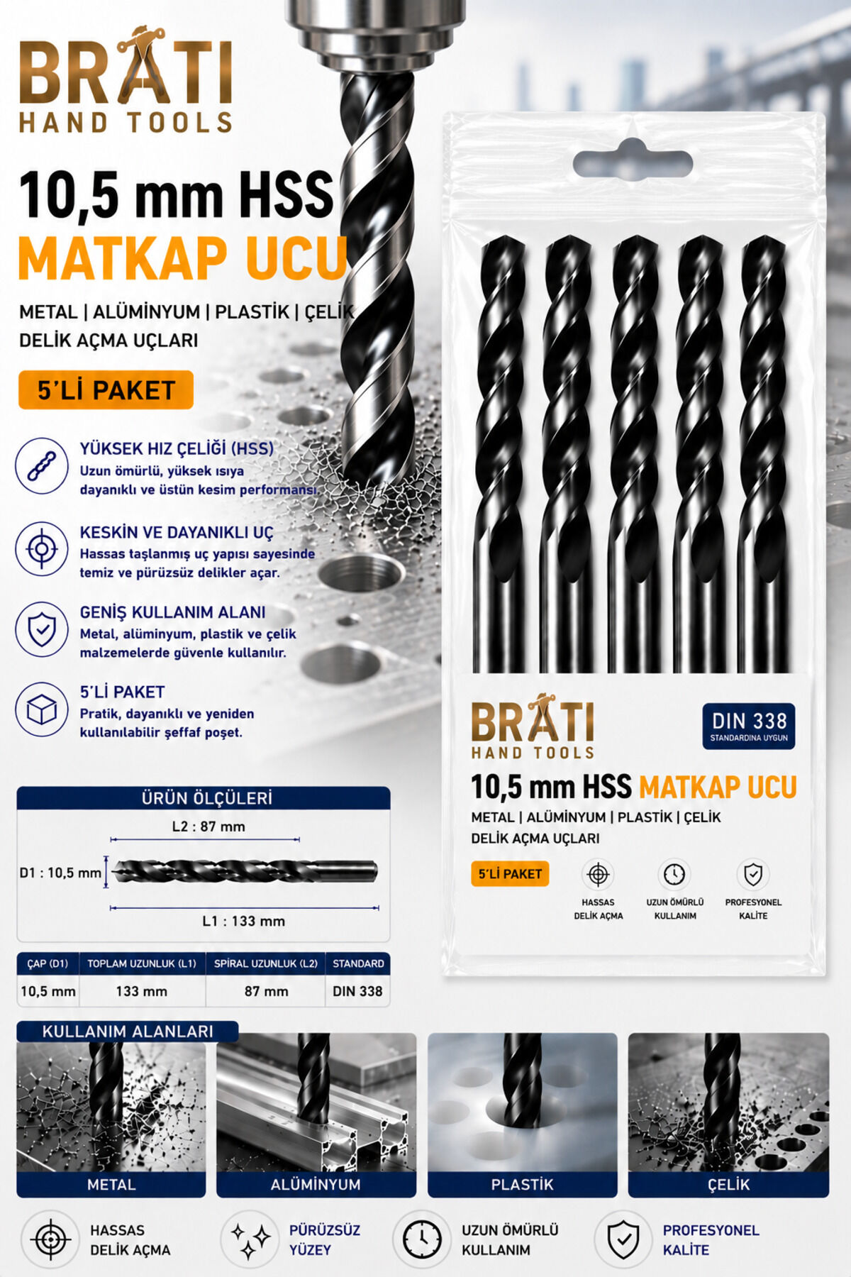 10,5 Mm Hss Matkap Ucu Metal Alüminyum Ahşap Plastik Çelik Delme Uç Delik Açma Uçları 5'li Paket
