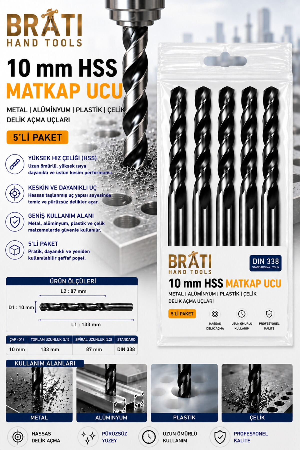 10 Mm Hss Matkap Ucu 5 Adet Metal Alüminyum Ahşap Çelik Delme Uç Delik Açma Ucu