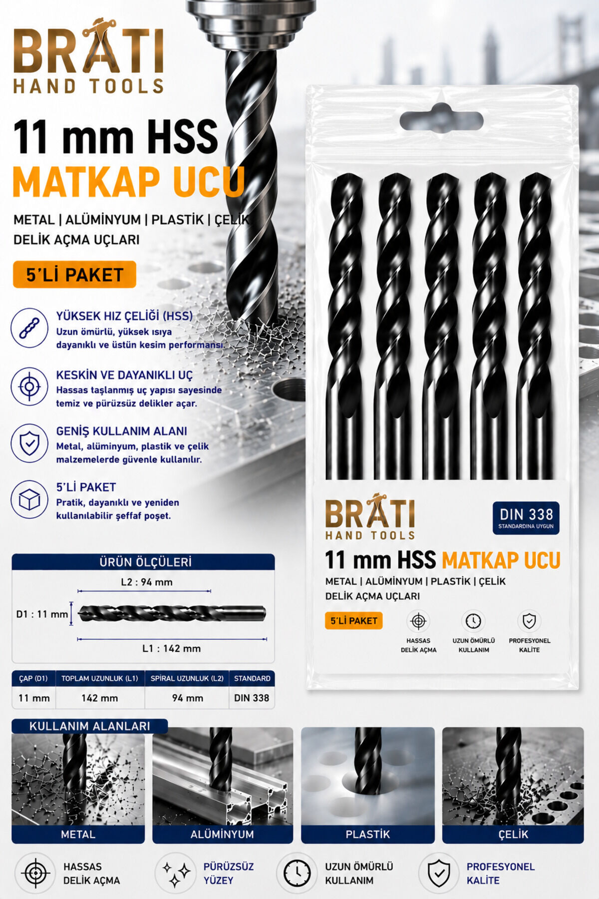 11 Mm Hss Matkap Ucu Metal Alüminyum Ahşap Plastik Çelik Delik Açma Uçları (5 Adet)