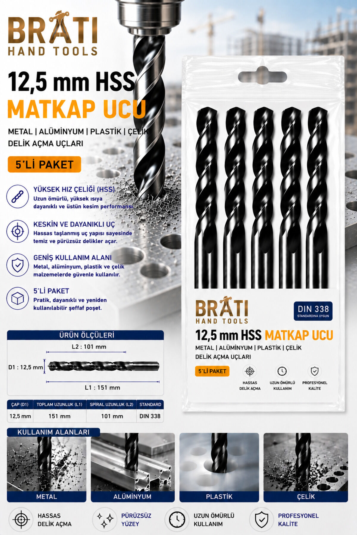 12,5 Mm Matkap Ucu 5'li Paket Metal Alüminyum Ahşap Plast. Çelik Delme Uç Delik Açma Uçları