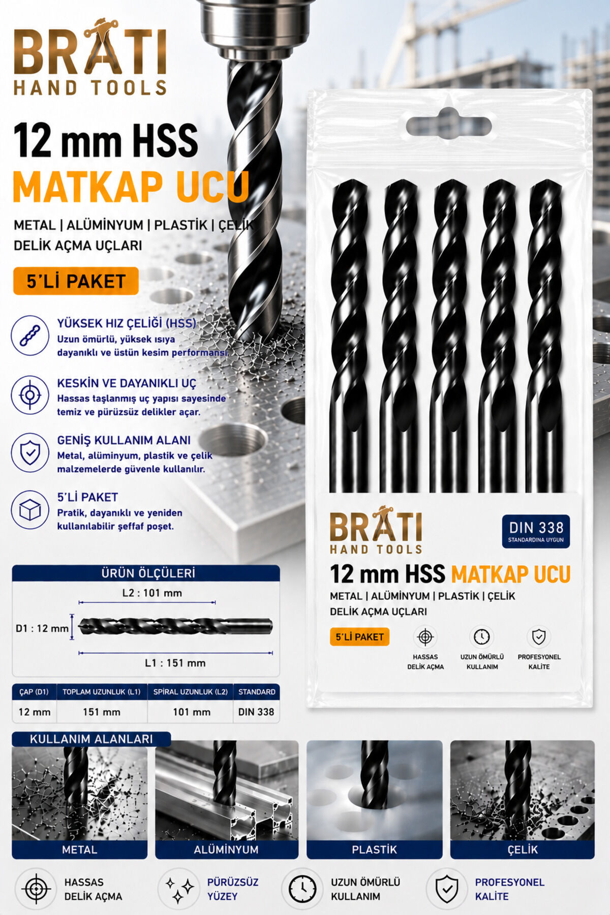 12 Mm Hss Matkap Ucu 5'li Paket Metal Alüminyum Ahşap Plastik Çelik Delme Uç Delik Açma Uçları