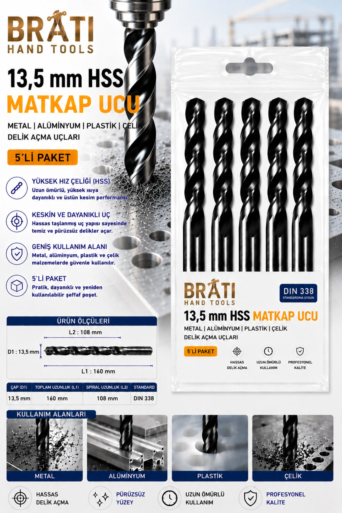 13,5 Mm Hss Matkap Ucu 5 Adetli Paket Metal Alüminyum Ahşap Plastik Çelik Delme Uç Delik Açma Uçları