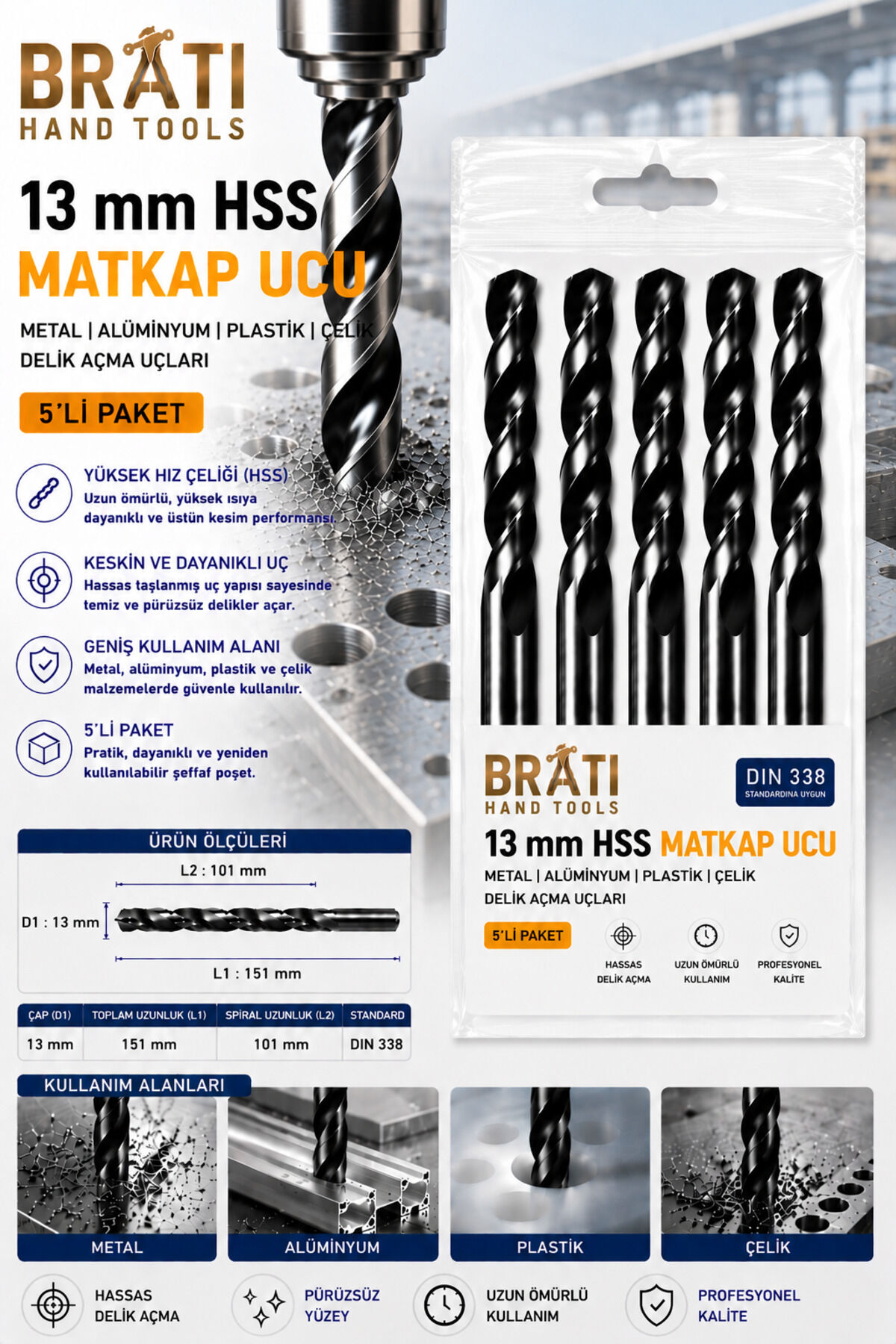 13 Mm Hss Matkap Ucu 5'li Paket Metal Alüm. Plastik Çelik Delme Uç