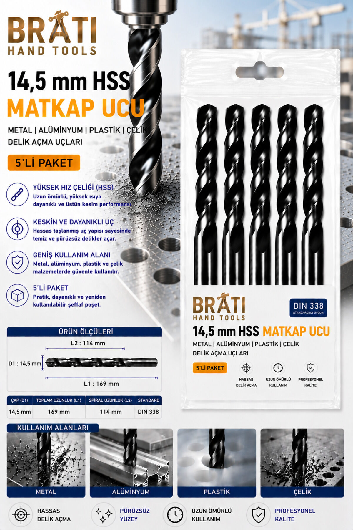 14,5 Mm Hss Matkap Uçları 5'lİ Paket Metal Alüminyum Ahşap Plastik Çelik Delme Uç Delik Açma Uçları