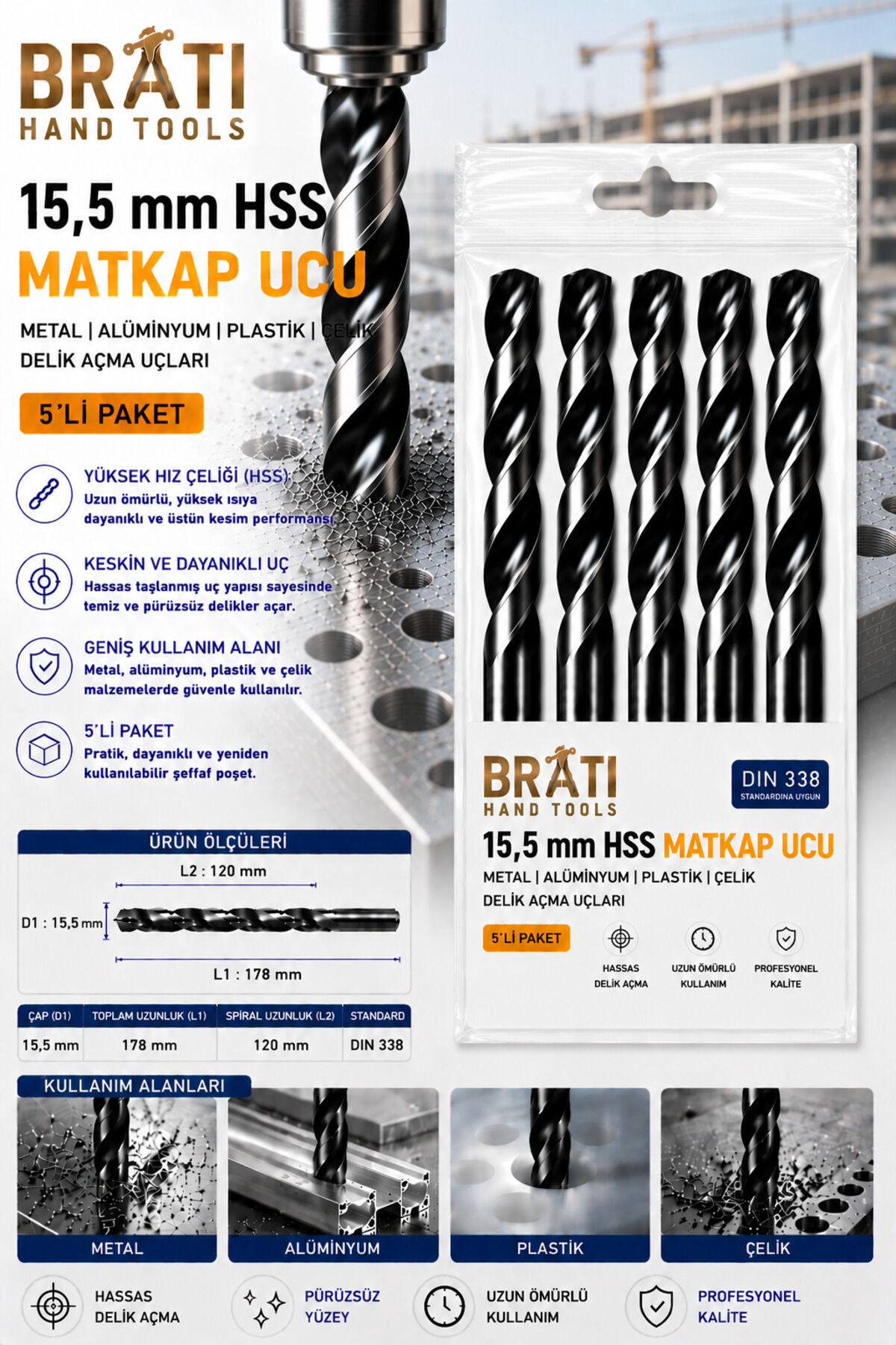 15,5 Mm Hss Matkap Ucu 5'lİ Paket Metal Ahşap Plastik Çelik Delme Uç Delik Açma Uçları
