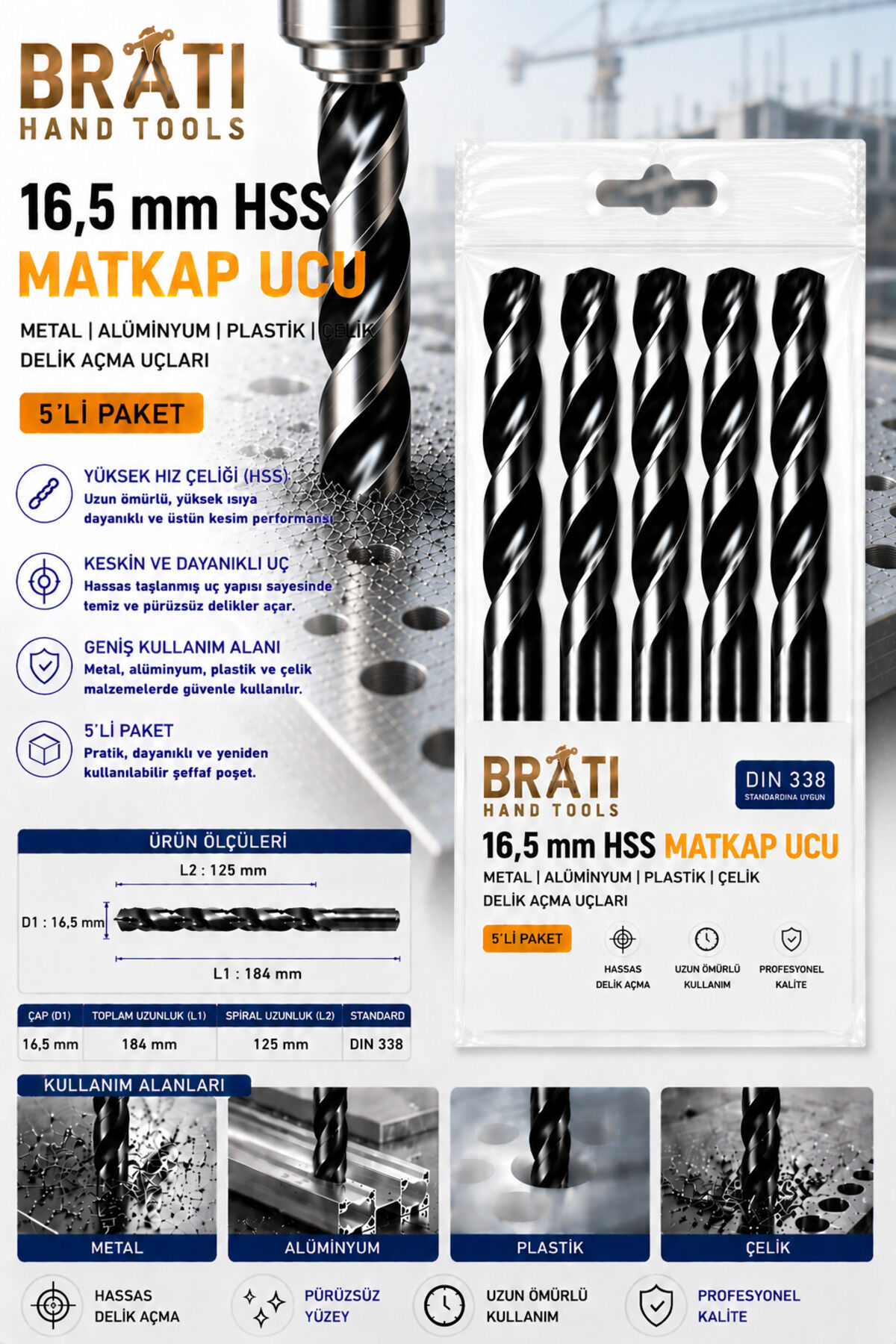16,5 Mm Hss Matkap Ucu 5'lİ Paket Metal Ahşap Plastik Delme Uç Delik Açma Uçları