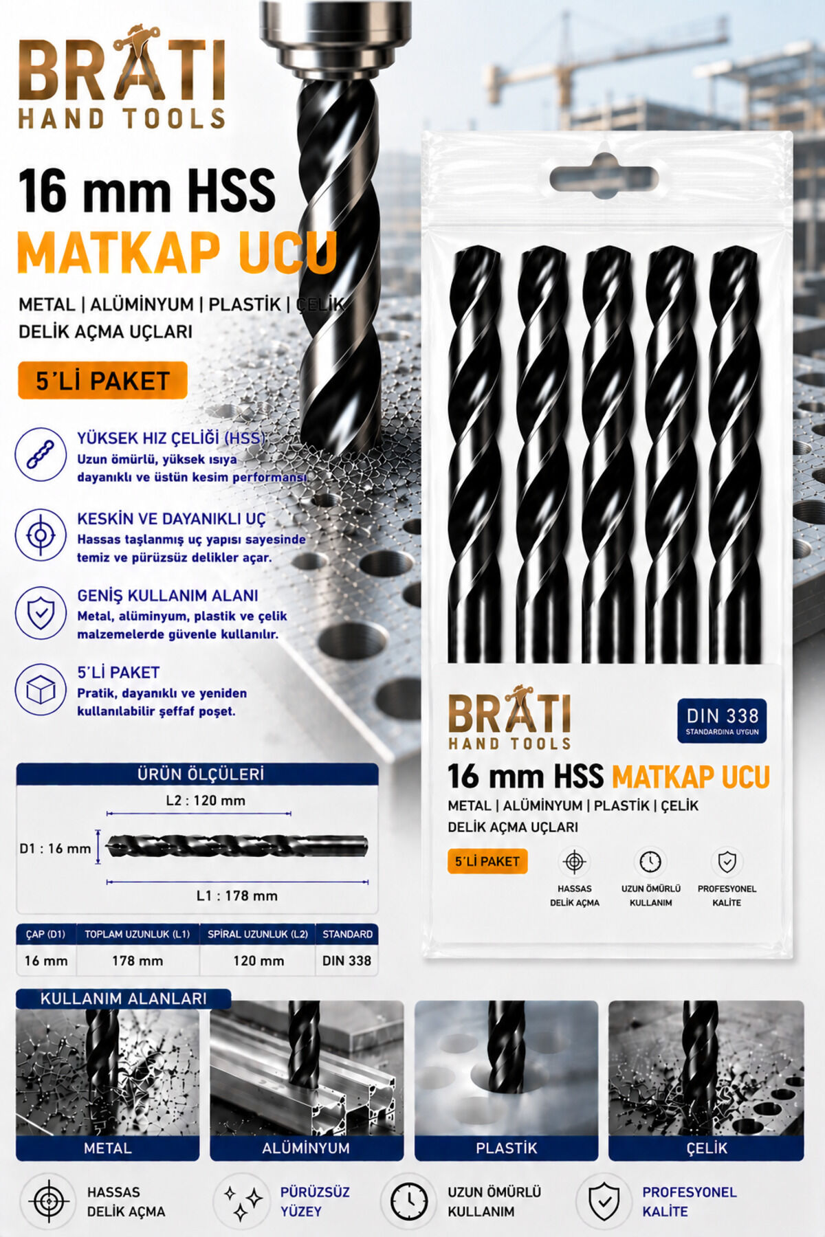 16 Mm Hss Matkap Ucu 5 Adet Metal Alüminyum Ahşap Plastik Çelik Delik Açma Uçları